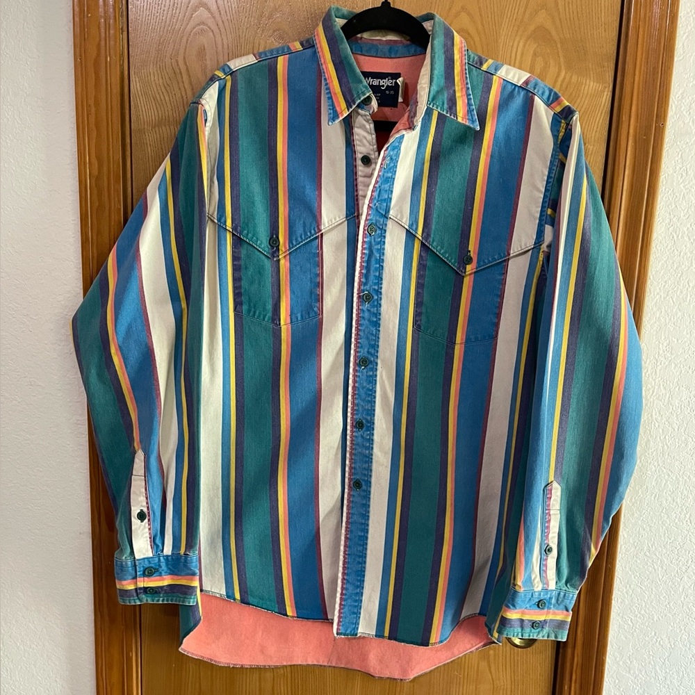 Vintage Wrangler Brushpopper Western Button Up L/S Shirt 16 - 35 Made in…
